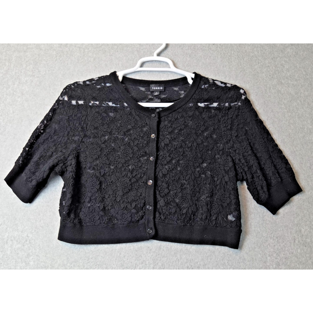 Torrid Black Floral SS Cropped Button Up Lace Shrug Women's Plus 1X Stretch